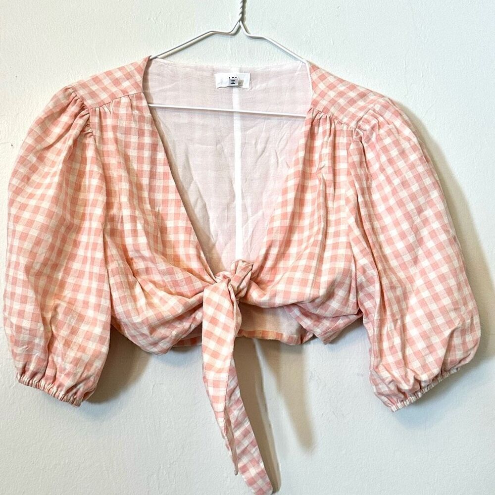 LPA Tie Front Short Puff Sleeve Cotton Gingham Plaid Crop Top Pink XL